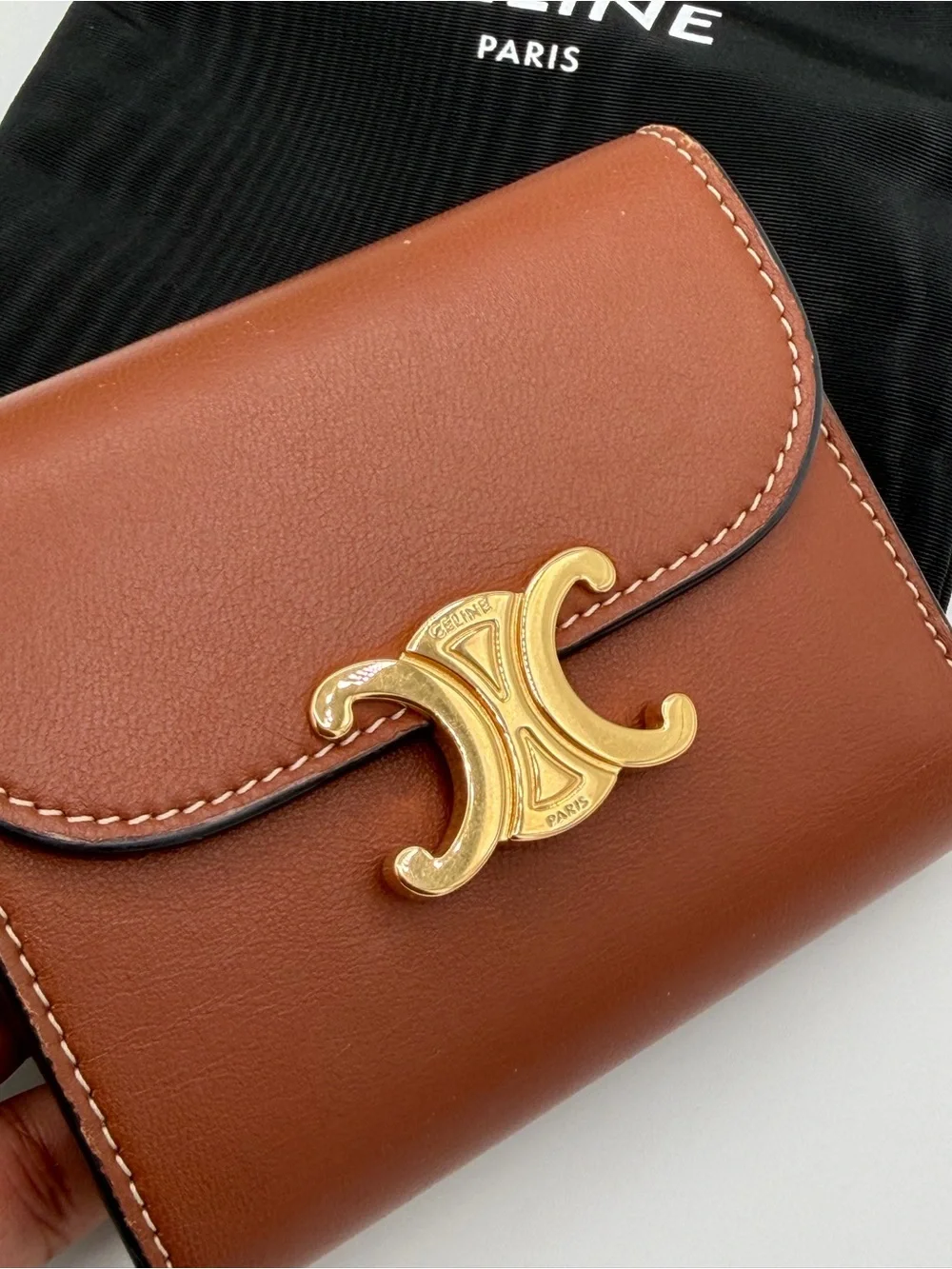 Celine Brown Leather Triomphe Compact Wallet with Gold Hardware